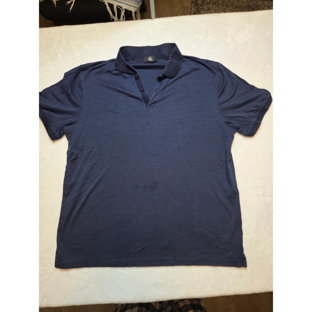 130-Calvin Klein CK Men's Large Blue Striped Polo Shirt Short Sleeve 100% Cotton